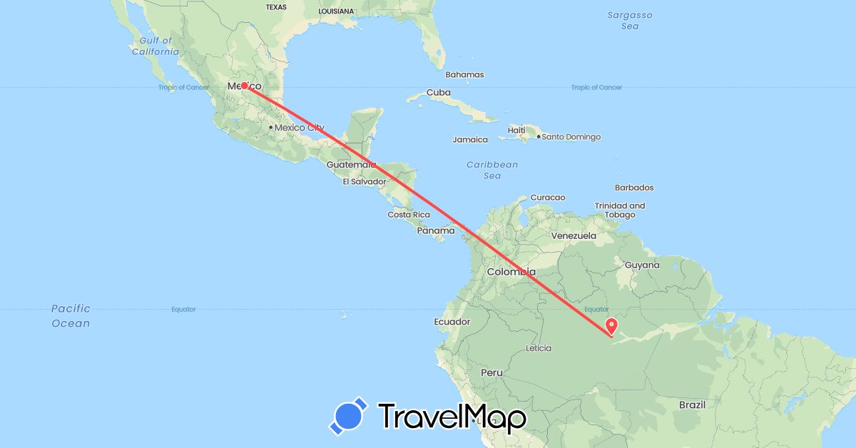 TravelMap itinerary: driving, hiking in Brazil, Mexico (North America, South America)